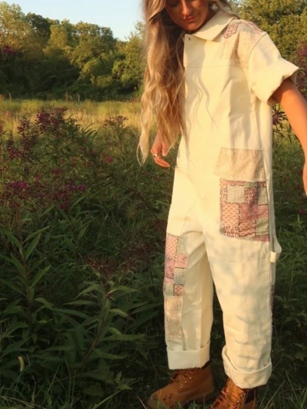 Maddy J Boutique Cream Jumpsuit/Overalls with Quilt style Patchwork - Picture 12 of 12